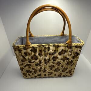 J.McLaughlin Wicker Straw Tote Bag Leopard Animal Print Leather Handles Resort